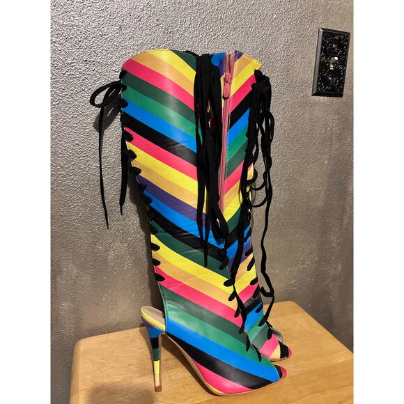 FSJ Rainbow Multicolor Stripes Peep Toe Knee High Lace Up Stiletto Heel Boots - Picture 4 of 12